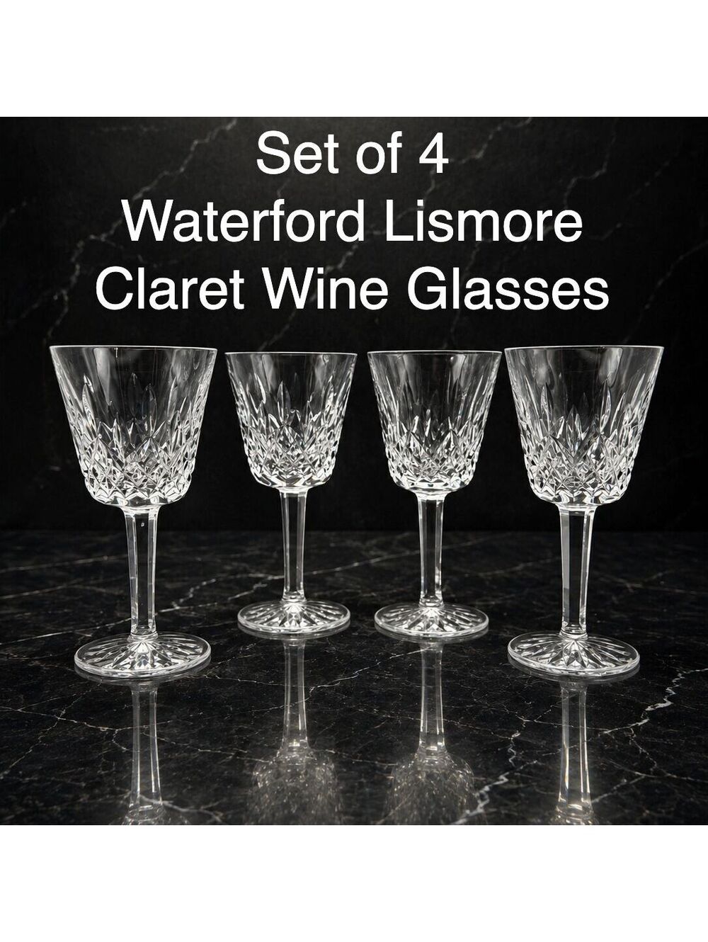 Vintage Waterford Lismore Claret Wine Glasses Set of 4 Crystal Stemware, 4oz 6"